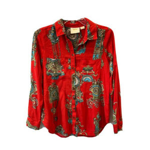 Maeve Women's 4 Blouse Clock Print Top Button Up Red Shirt Anthropologie (t5)